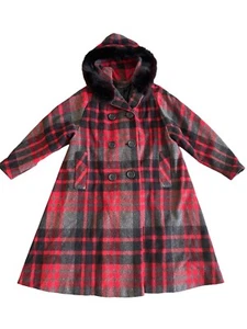 Vintage 60s Mod Women Wool Plaid Button Swing Coat Red Hood Faux Fur small - Picture 1 of 8