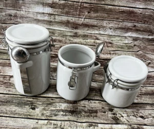 OGGI 3-Piece White Ceramic Airtight Locking Canister Set With Scoops - Picture 1 of 4