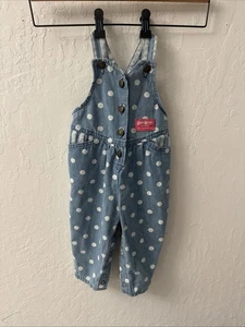 Vintage OshKosh Denim Bubble Overalls Girls Blue Polka Dot 90s 18M USA MADE - Picture 1 of 15