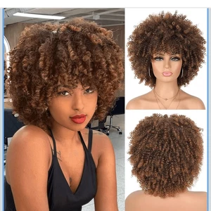 "Peluca Afro Rizada Negra Mujer Sin Pegamento Sintético Corto Brazalete Ombré Marrón 12""" - Imagen 1 de 7
