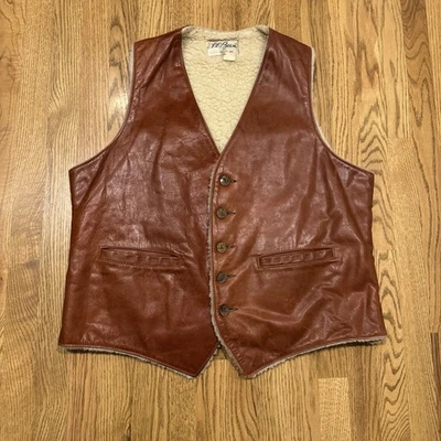 Vintage LL Bean Cowhide Leather Vest Fits Mens L/XL Sherpa Lined Script Vtg - Image 1 of 4