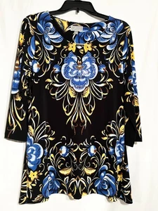 DAMENBLUSE MITTELBLAU GOLD GEBLÜMT JM COLLECTION 3/4-ÄRMEL STRETCH STRASS - Bild 1 von 9