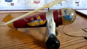 Vtg 1940's WOODETTE Wood Helicopter Gear Driven Pull Toy 10" Rubber Wheels Video - Picture 1 of 10