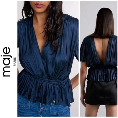 NWT MAJE | 0 | Navy Open-back Pleated Satin Peplum Deep V-Neck Top Blouse $298 - Image 1 of 4