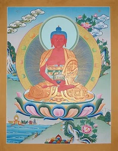 Pintura de 26,25" x 20,5" Amibabha Buda Budista Karmakoti Thangka/Thanka Nepal - Imagen 1 de 6
