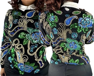 Carducci Vintage Black Green Blue Gold Beaded Sequin Jumper Sweater - Size L - Picture 1 of 14