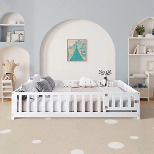 Full Size Floor Platform Bed w/Fence and Door for Kids,Montessori Floor Bed Fram - Picture 1 of 10