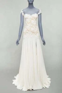 REEM ACRA 2014 Runway cream silk nude lace wedding gown US0 XS - Picture 1 of 11