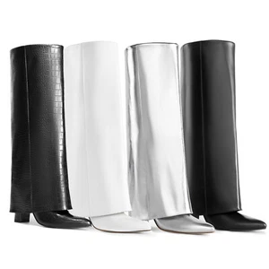 Women Knee High Boots Pointed Toe Over Chunky High Heels Long Boots Zipper Party - Bild 1 von 14