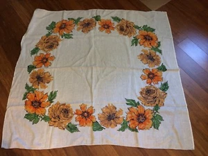 Vintage Tischdecke 45"x48" Natur Leinen Orange Gelb Blumenmuster - Bild 1 von 8