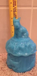 Vtg Turquoise Akro Agate Powder Puff Scotty Dog RARE Rich Color Milk Glass Dish - Picture 1 of 9