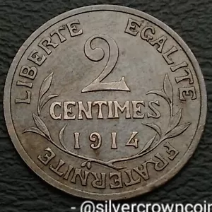 France 2 Centimes 1914. KM#841. Bronze Two Cents coin. Liberty. WWI. Paris mint. - Picture 1 of 7