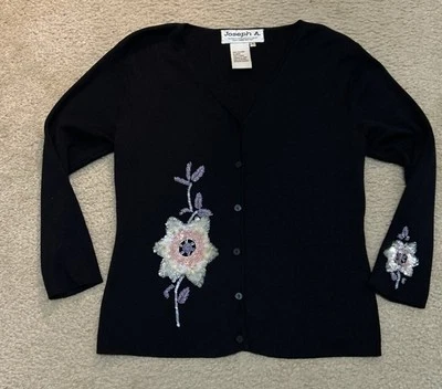 Cárdigan suéter Joseph A para mujer talla mediana negro lentejuelas floral 100 % seda 🌸 Foto 1 de 4