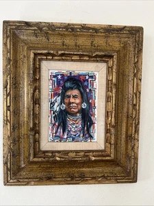 Vintage Häuptling Joseph Ölgemälde indianischer Künstler signiert Wandbild Hütte Dekor - Bild 1 von 15