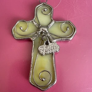 Vintage Stained Glass Green Cross Pendant w/Faith Charm - Picture 1 of 3