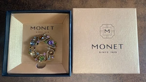 Vintage Multi Colored Rhinestone Monet Wreath Brooch Pin Original Box - Picture 1 of 10