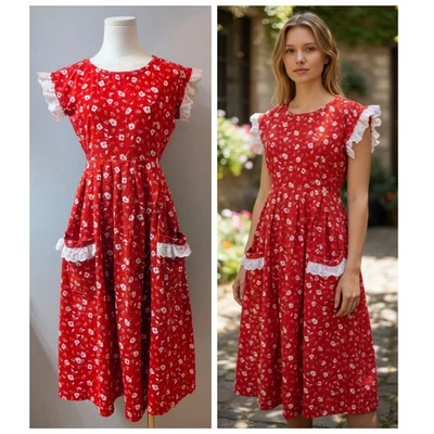 Vestido De Colección Años 50 Rojo Floral Seersucker Tareas Día Bolsillos en la Cadera Borde de Ojales S Foto 1 de 4