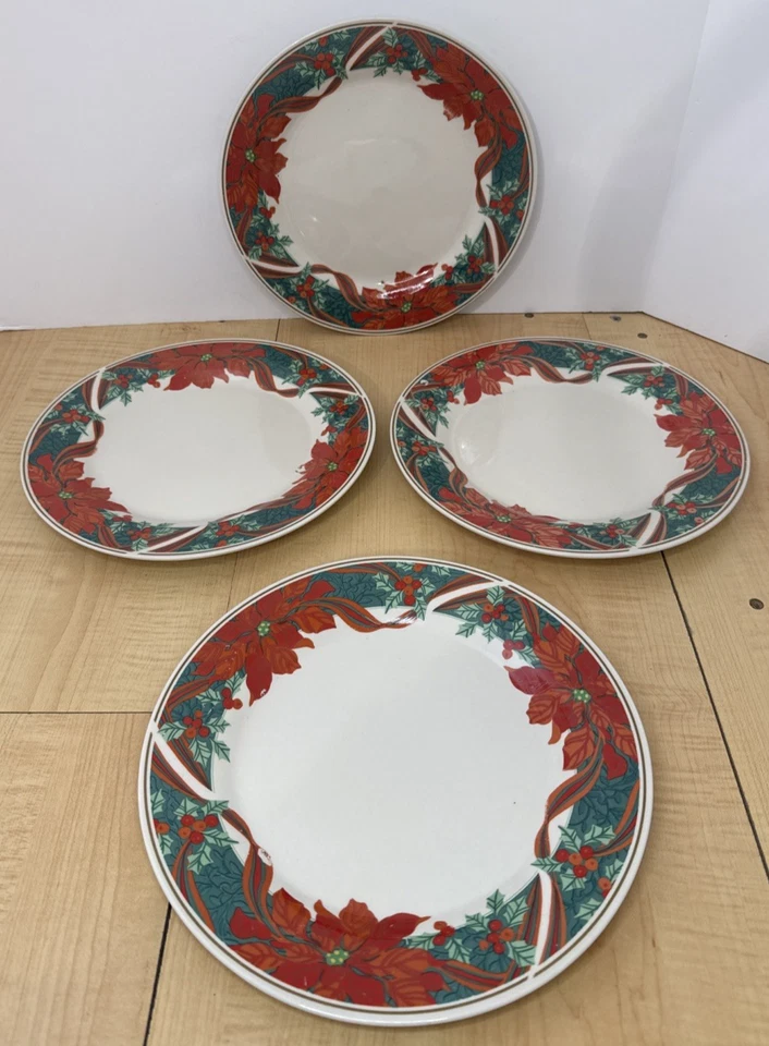 Juego de 4 platos de cena de Navidad Gibson Poinsettia de 10,5" vacaciones Foto 1 de 4