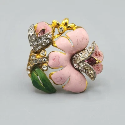 Rare 1930s Coro Adolph Katz Pink Green Enamel Crystal Camelia Flower Dress Clip - Image 1 of 4