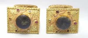 Antique Rectangular 18K Yellow/Rose Gold Opal Ruby Diamonds Cufflinks 21.2 grams - Picture 1 of 10
