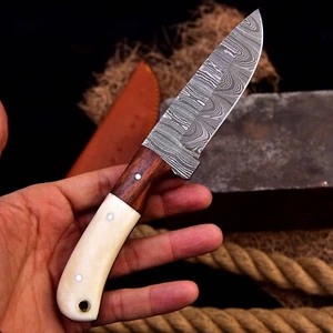 Damascus Steel Buck Hunting Skinning Survival Knife camel bone & wood handle - Picture 1 of 4