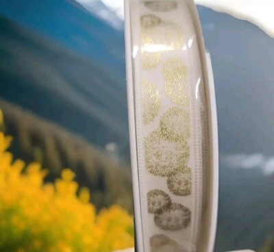 White W/ Gold Starburst  ribbon 5/8"x 25M/ 82FT made in France - Image 1 of 4