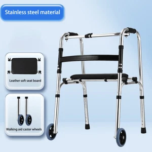 Folding Aluminum Walker Adjustable Walking Frame Walking Aid w/2 Wheels & Seat - Picture 1 of 16