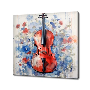 Cello Flowers Watercolour Painting Canvas Print Wall Art, Music Themed Art - Picture 1 of 9
