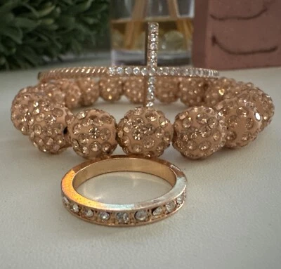 Conjunto de 3 pulseras y anillo de joyería de oro rosa con bola de cristal glamour Juelz para mujer Foto 1 de 4