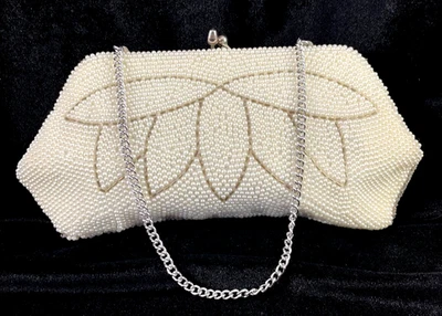 Винтажный белый бисером лотос детали вечер сумка Kisslock Японии - Изображение 1 из 4