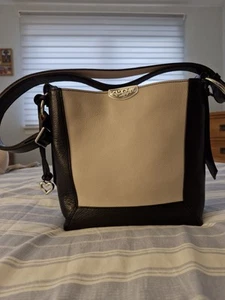 Beautiful BRIGHTON black & light beige Italian Leather Shoulder Bag From USA - Picture 1 of 5