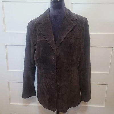 Chaqueta de cuero de gamuza marrón Studio by Liz Claiborne - Botón delantero - Estilo clásico Foto 1 de 4