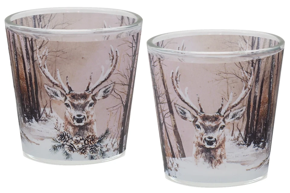 Windlicht Banderole Hirsch Wald Braun Votivglas Tischdeko Herbst Winter 7,5cm H - Bild 1 von 1