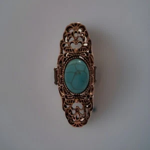 Kupferring mit türkisfarbenem Stein & filigranem lang gedehntem Rücken verstellbar Stretch - Bild 1 von 5