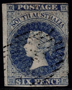 1856 South Australia 6d blu ardesia SG 10 stampa Adelaide finemente usato cat. £ 200,00 - Foto 1 di 1