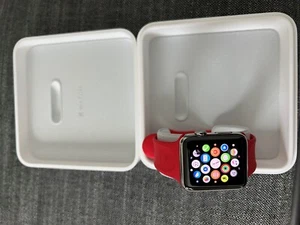 Apple Watch 42mm Stainless Steel Case Red Sport Band - NJ3U2LL/A - Picture 1 of 7