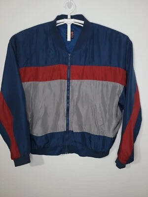 Vintage 80s Athletic Works Mens XL Silk Blue Red Gray Windbreaker Jacket - Image 1 of 4