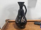 Vintage Black Glass Pitcher With Silver Fish Deco