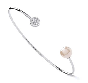 925 Sterling Silver Pearl & CZ Ladies SOLID Torque Bangle Bracelet RHODIUM - Picture 1 of 7