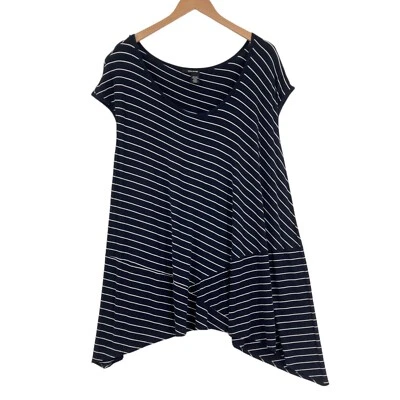 DKNY Tunic Dress Womens Navy White Striped Knit Viscose SharkBite Hem Pullover - Image 1 of 4