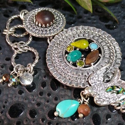 BOHM Designer Bracelet Silver, Turquoise, Wood, and Stone Accents Round w/Bird! - Image 1 of 4