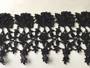 9 1/2 Yds Dangly Black Floral Rayon Venise Lace - Picture 1 of 3
