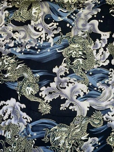 "Tela japonesa 100% algodón estampado dragón negro 1 mtr...58"" ancho" - Imagen 1 de 3