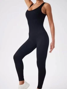 Womens Ribbed Jumpsuit Sleeveless Body Control 1 Piece Bodysuit Black M - Picture 1 of 7