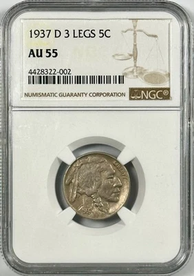 1937-D 3 LEGS 5C BUFFALO NICKEL NGC AU55–RARE - Image 1 of 4
