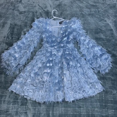 ASOS Edition Long Sleeve Fringed Jacquard Glittery Mini Dress Blue Sz 2 - Image 1 of 4