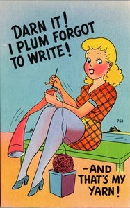 Cartolina d'epoca fumetto umorismo bella signora che lavora a maglia Darn It ~ dimenticata di scrivere  - Foto 1 di 3