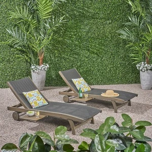 Grey Acacia Wood Outdoor Chaise Lounge with Pull-Out Tray - Picture 1 of 8