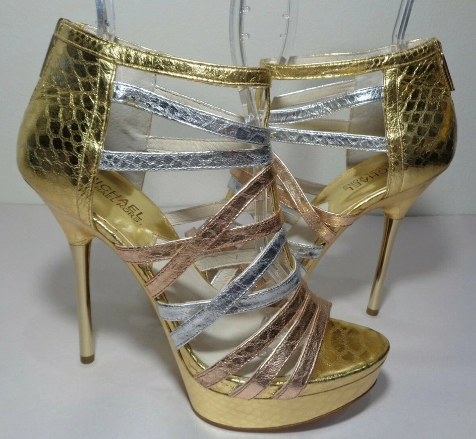 Sandalias Michael Kors Talla 9 M MADDIE PLATFORM Cuero Dorado Nuevos Zapatos para Mujer Foto 1 de 4