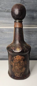 Vintage  Italian Leather Wrapped Glass Decanter w/ Embossed Fleur De Lis Crest - Picture 1 of 8